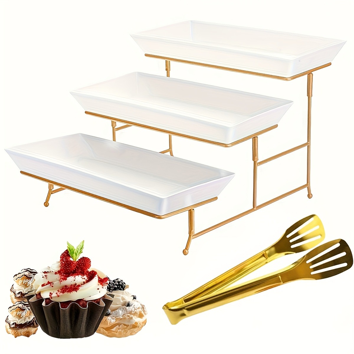 Cupcake Stand Tier - Witte gelaagde serveerstandaard + tang, 3